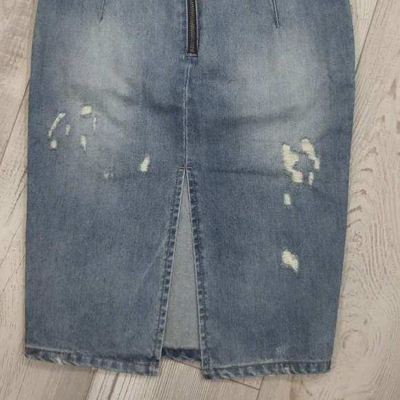 One Teaspoon Light Wash Denim Distressed Midi Pencil Skirt with High Slit - Picture 12 of 12
